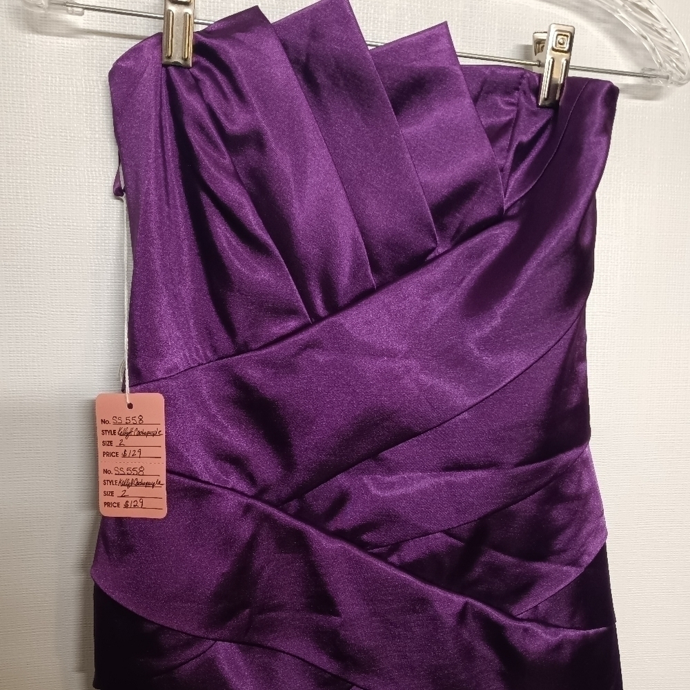 Cache Women’s Size 2 Pleated Strapless Dress Cocktail Purple Satin Formal Party - Picture 5 of 5